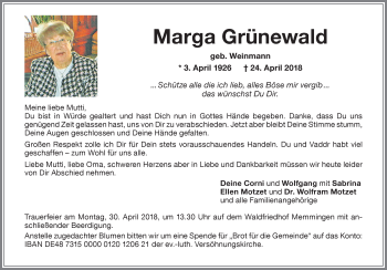 Traueranzeige von Marga Grünewald von Memminger Zeitung