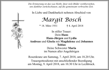 Traueranzeige von Margit Bosch von Allgäuer Zeitung, Füssen