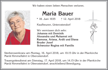 Traueranzeige von Maria Bauer von Allgäuer Zeitung, Kaufbeuren/Buchloe