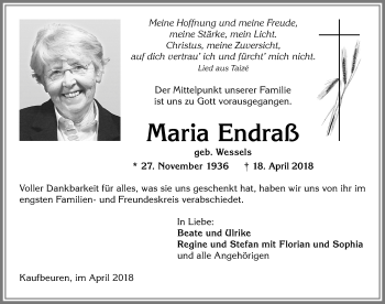 Traueranzeige von Maria Endraß von Allgäuer Zeitung, Kaufbeuren/Buchloe