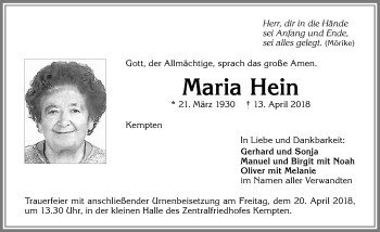 Traueranzeige von Maria Hein von Allgäuer Zeitung,Kempten