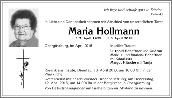 Traueranzeige von Maria Hollmann von Allgäuer Zeitung, Marktoberdorf