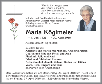Traueranzeige von Maria Köglmeier von Allgäuer Anzeigeblatt