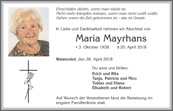Traueranzeige von Maria Mayrhans von Allgäuer Zeitung, Marktoberdorf