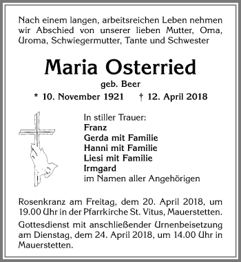 Traueranzeige von Maria Osterried von Allgäuer Zeitung, Kaufbeuren/Buchloe