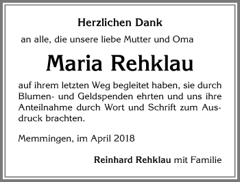 Traueranzeige von Maria Rehklau von Memminger Zeitung