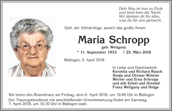 Traueranzeige von Maria Schropp von Allgäuer Zeitung, Marktoberdorf