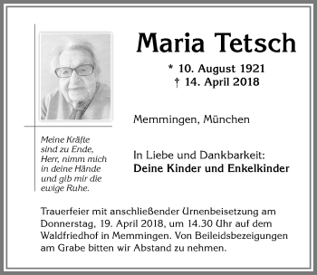 Traueranzeige von Maria Tetsch von Memminger Zeitung