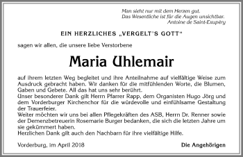 Traueranzeige von Maria Uhlemair von Allgäuer Anzeigeblatt