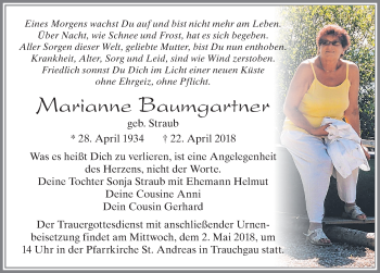 Traueranzeige von Marianne Baumgartner von Allgäuer Zeitung, Füssen