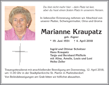 Traueranzeige von Marianne Kraupatz von Allgäuer Zeitung, Marktoberdorf