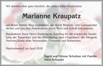 Traueranzeige von Marianne Kraupatz von Allgäuer Zeitung, Marktoberdorf