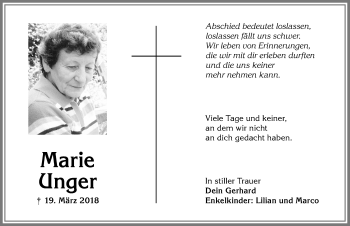 Traueranzeige von Marie Unger von Allgäuer Anzeigeblatt