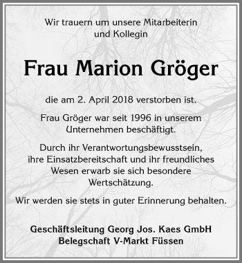 Traueranzeige von Marion Gröger von Allgäuer Zeitung, Füssen