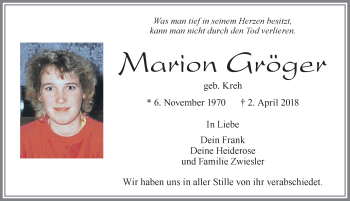 Traueranzeige von Marion Gröger von Allgäuer Zeitung, Füssen