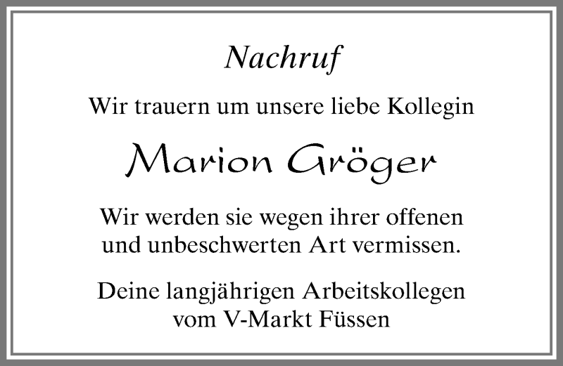  Traueranzeige für Marion Gröger vom 10.04.2018 aus Allgäuer Zeitung, Füssen