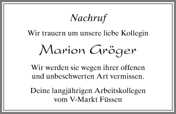 Traueranzeige von Marion Gröger von Allgäuer Zeitung, Füssen