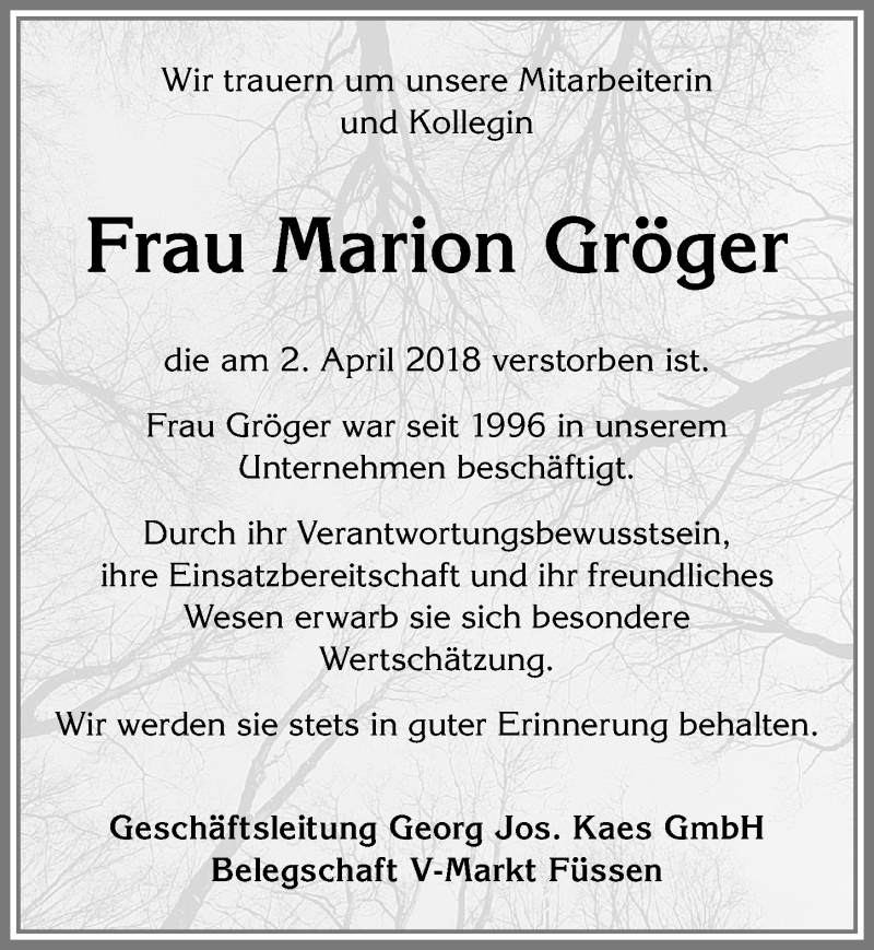  Traueranzeige für Marion Gröger vom 11.04.2018 aus Allgäuer Zeitung, Füssen