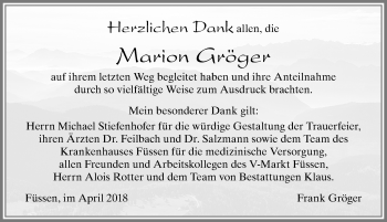 Traueranzeige von Marion Gröger von Allgäuer Zeitung, Füssen