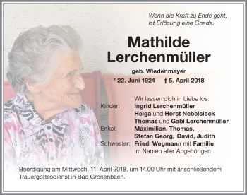 Traueranzeige von Mathilde Lerchenmüller von Memminger Zeitung