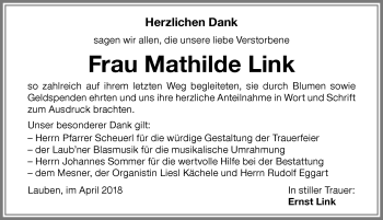 Traueranzeige von Mathilde Link von Memminger Zeitung