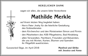 Traueranzeige von Mathilde Merkle von Allgäuer Anzeigeblatt