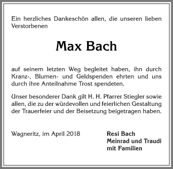 Traueranzeige von Max Bach von Allgäuer Anzeigeblatt