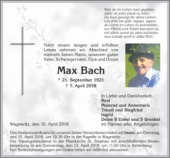 Traueranzeige von Max Bach von Allgäuer Anzeigeblatt