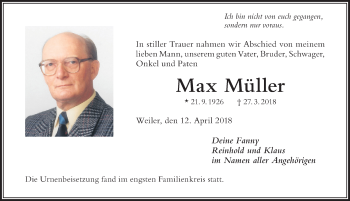 Traueranzeige von Max Müller von Der Westallgäuer