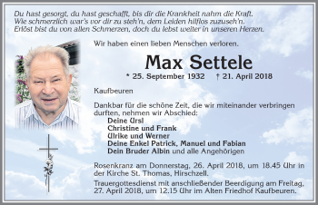 Traueranzeige von Max Settele von Allgäuer Zeitung, Kaufbeuren/Buchloe