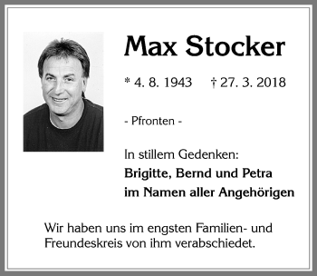Traueranzeige von Max Stocker von Allgäuer Zeitung, Füssen