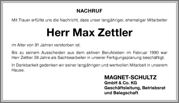 Traueranzeige von Max Zettler von Memminger Zeitung