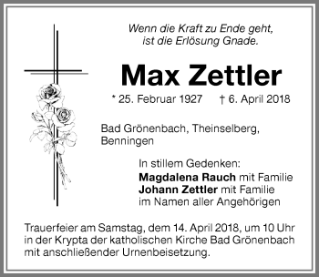 Traueranzeige von Max Zettler von Memminger Zeitung