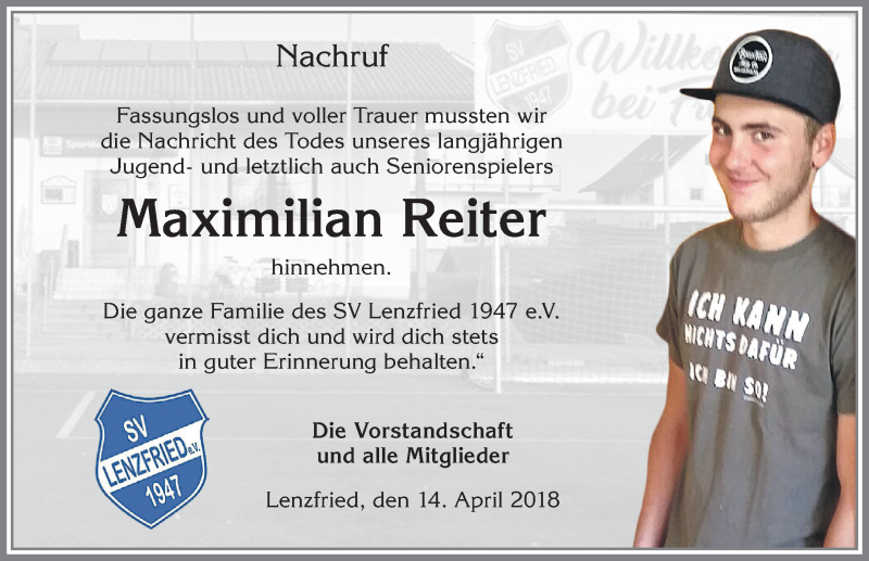  Traueranzeige für Maximilian Reiter vom 14.04.2018 aus Allgäuer Zeitung,Kempten