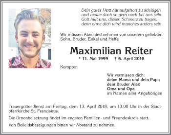 Traueranzeige von Maximilian Reiter von Allgäuer Zeitung,Kempten