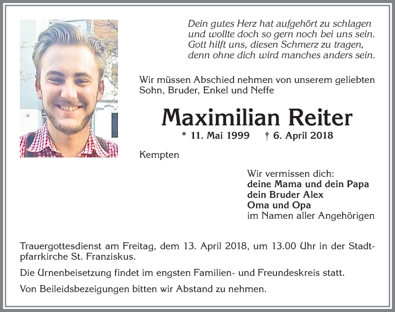  Traueranzeige für Maximilian Reiter vom 10.04.2018 aus Allgäuer Zeitung,Kempten