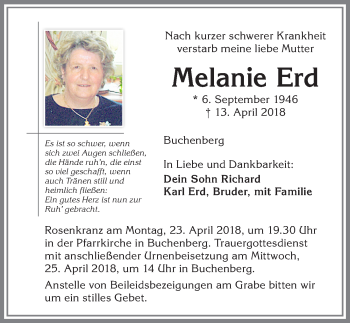 Traueranzeige von Melanie Erd von Allgäuer Zeitung,Kempten