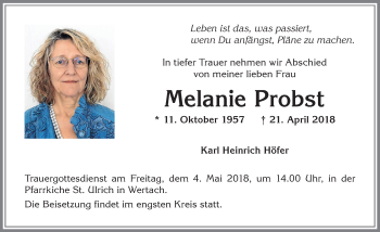 Traueranzeige von Melanie Probst von Allgäuer Zeitung,Kempten