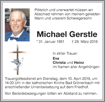 Traueranzeige von Michael Gerstle von Memminger Zeitung