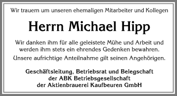Traueranzeige von Michael Hipp von Allgäuer Zeitung, Kaufbeuren/Buchloe