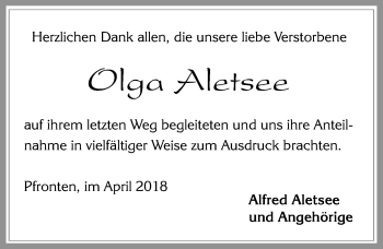 Traueranzeige von Olga Aletsee von Allgäuer Zeitung, Füssen