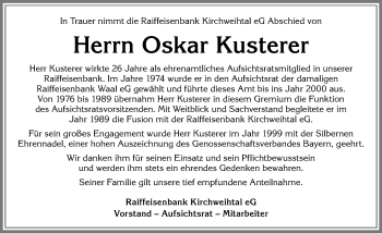 Traueranzeige von Oskar Kusterer von Allgäuer Zeitung, Kaufbeuren/Buchloe