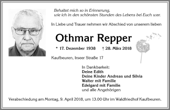 Traueranzeige von Othmar Repper von Allgäuer Zeitung, Kaufbeuren/Buchloe