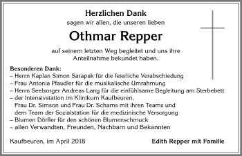 Traueranzeige von Othmar Repper von Allgäuer Zeitung, Kaufbeuren/Buchloe
