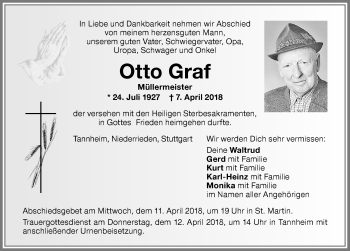 Traueranzeige von Otto Graf von Memminger Zeitung