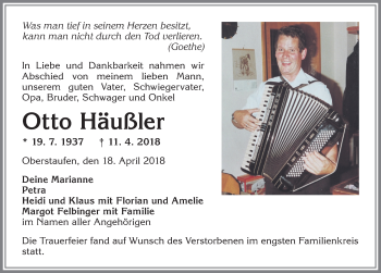 Traueranzeige von Otto Häußler von Allgäuer Anzeigeblatt