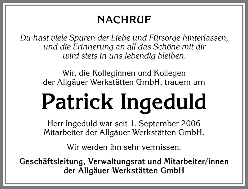  Traueranzeige für Patrick Ingeduld vom 05.04.2018 aus Allgäuer Anzeigeblatt