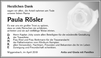 Traueranzeige von Paula Rösler von Allgäuer Zeitung,Kempten