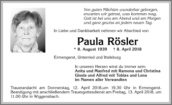 Traueranzeige von Paula Rösler von Allgäuer Zeitung,Kempten