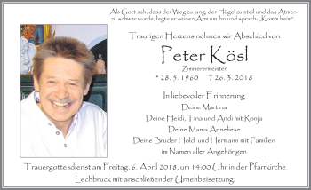 Traueranzeige von Peter Kösl von Allgäuer Zeitung, Füssen